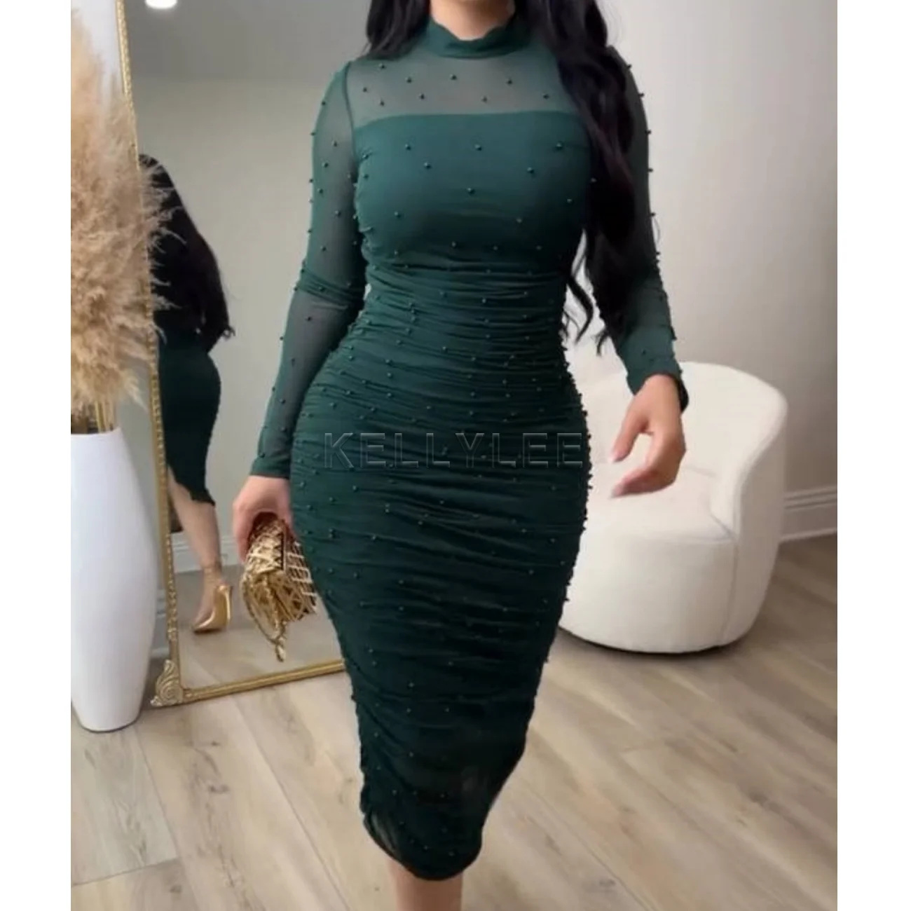 Women's Fashion Slim Fit Colorful Dress Outwear Ladies Sexy Tight Party Dress Long Sleeve Mock Neck Warp Hip Skirts Clothings