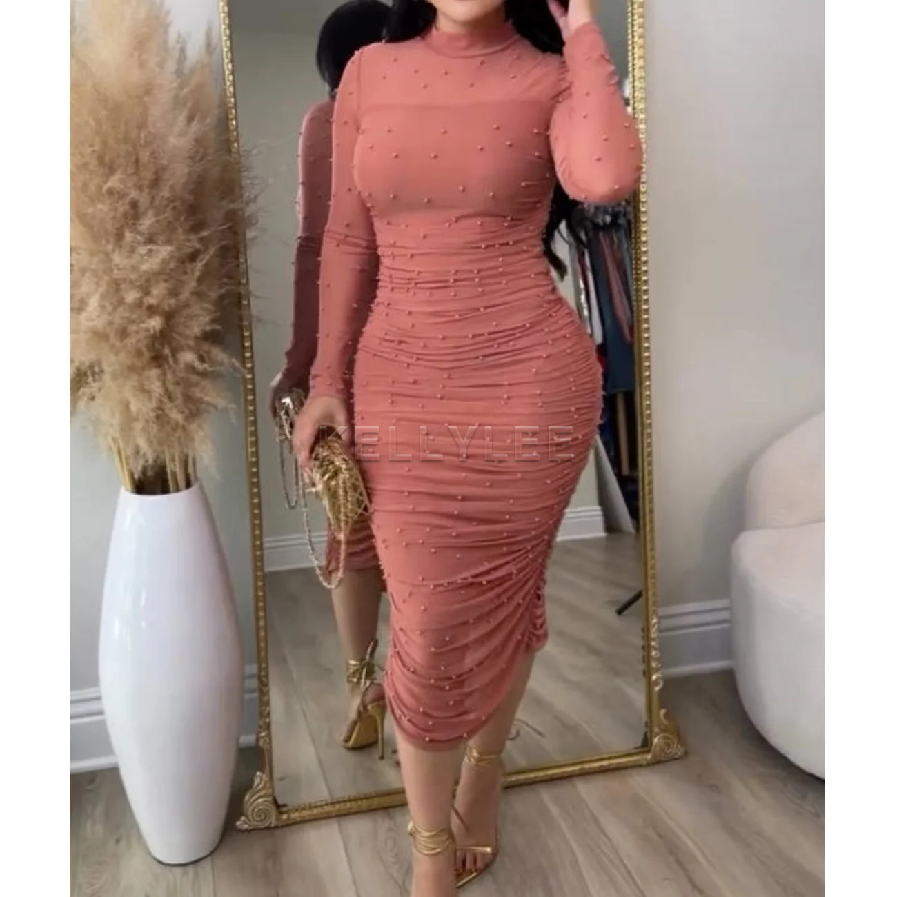 Women's Fashion Slim Fit Colorful Dress Outwear Ladies Sexy Tight Party Dress Long Sleeve Mock Neck Warp Hip Skirts Clothings