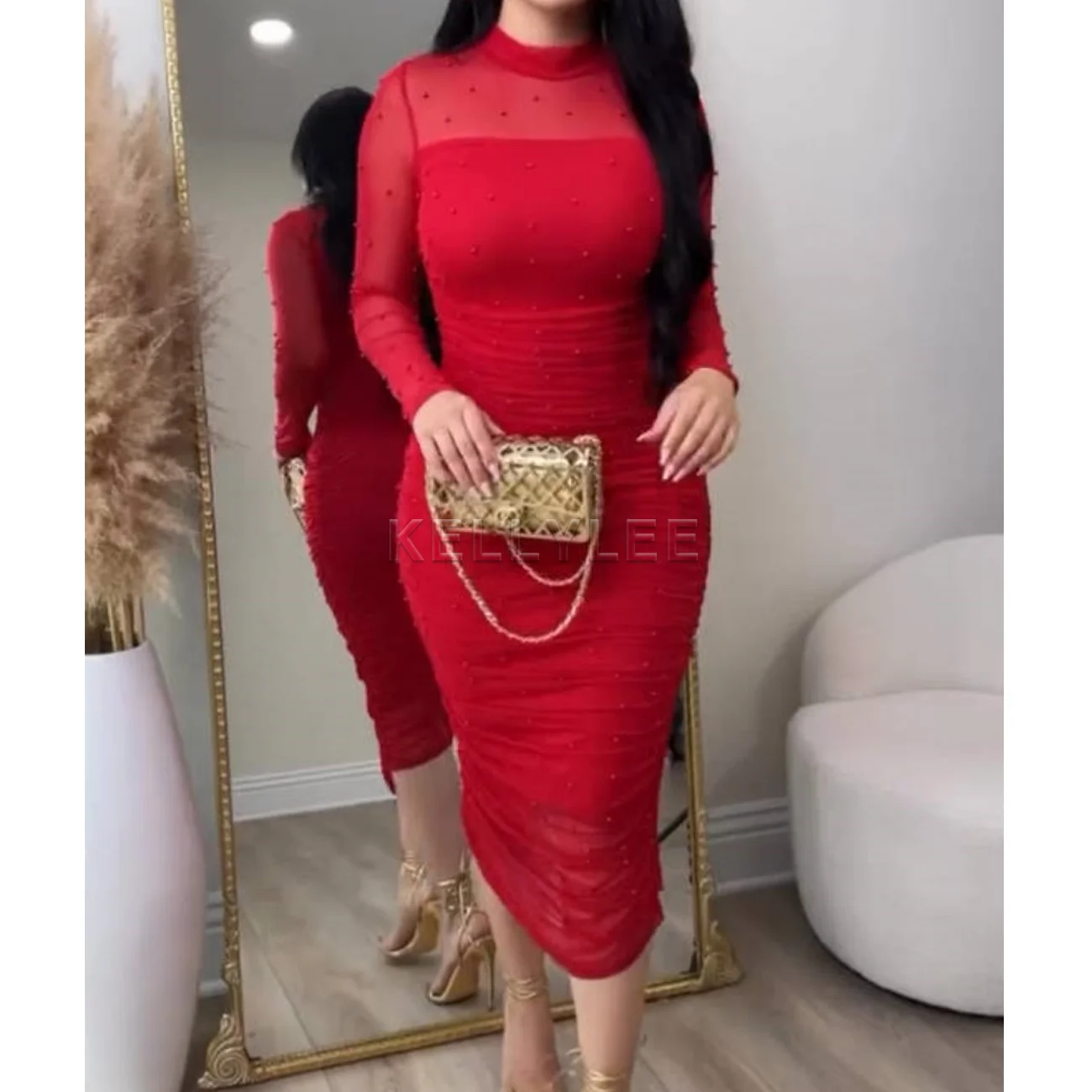 Women's Fashion Slim Fit Colorful Dress Outwear Ladies Sexy Tight Party Dress Long Sleeve Mock Neck Warp Hip Skirts Clothings