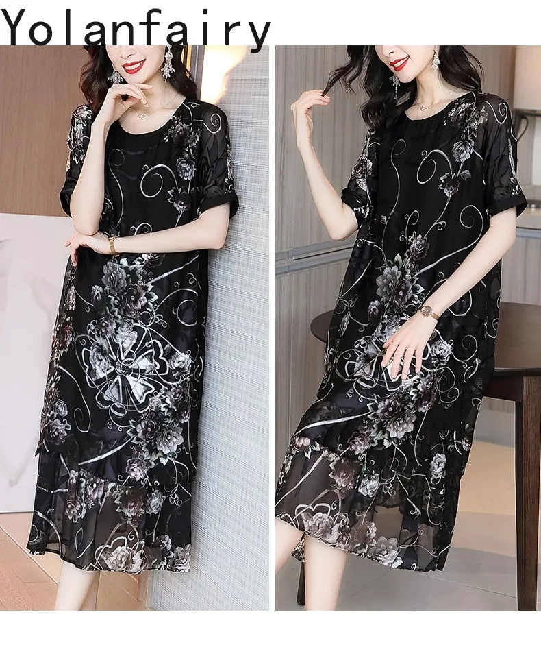 YOLANFAIRY 65% Mulberry Silk Dresses Woman Summer Loose Vintage Jacquard Dress Elegant Women's Dresses Korean Fashion Vestidos