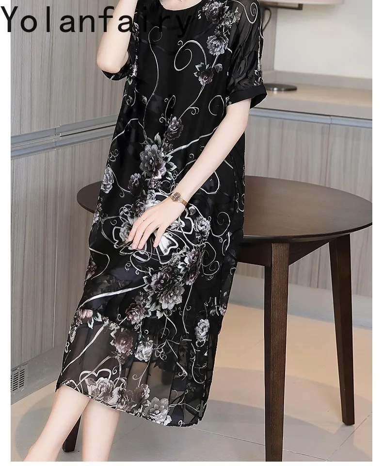 YOLANFAIRY 65% Mulberry Silk Dresses Woman Summer Loose Vintage Jacquard Dress Elegant Women's Dresses Korean Fashion Vestidos