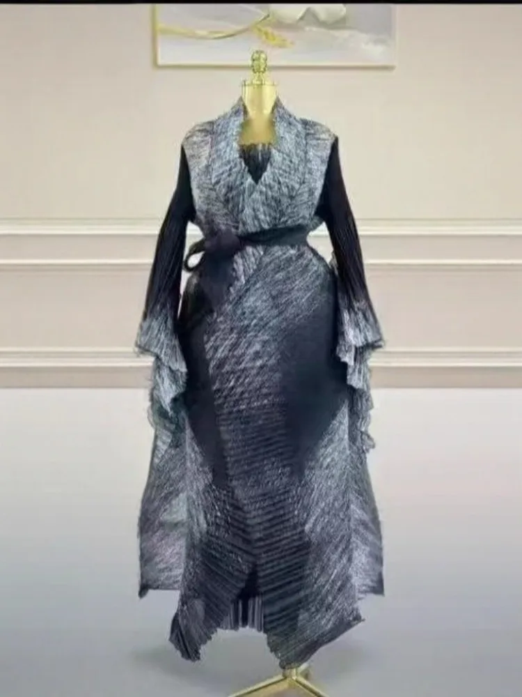 Miyake Pleated African Printed Organza Suit Irregular Suspender Skirt Two-piece Set Loose Women's Clothing 2025 Autumn New