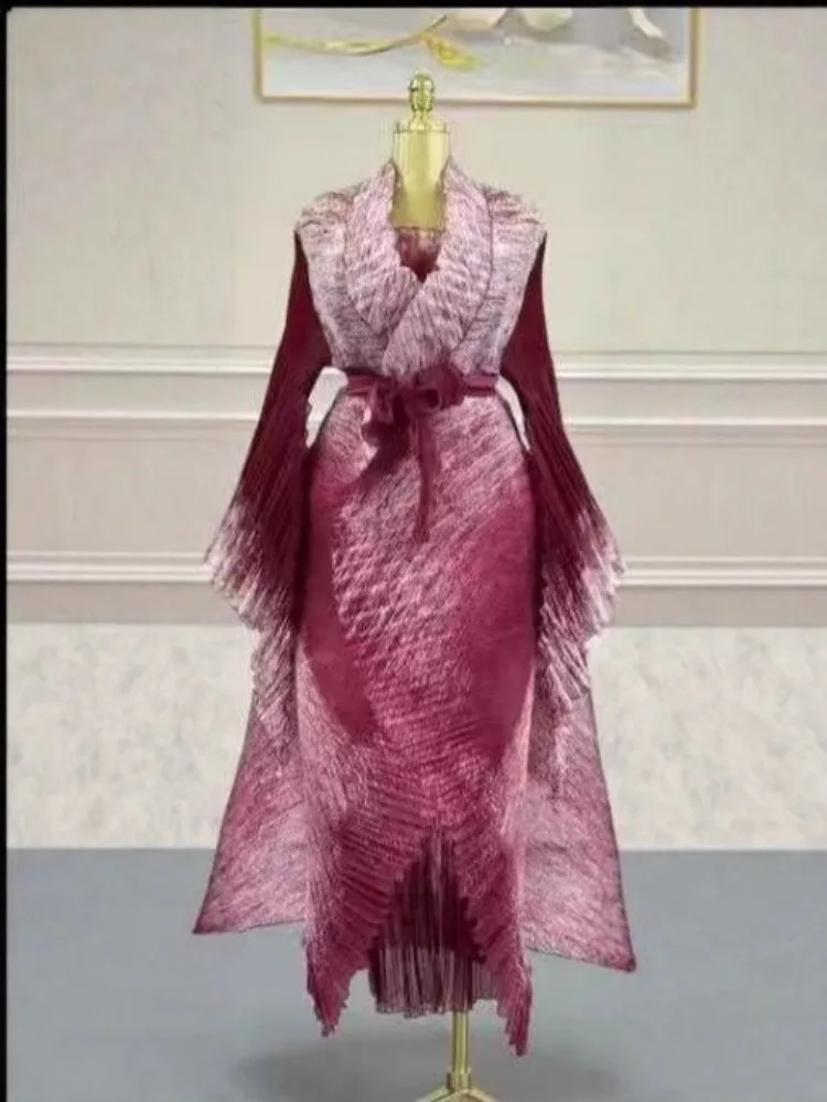 Miyake Pleated African Printed Organza Suit Irregular Suspender Skirt Two-piece Set Loose Women's Clothing 2025 Autumn New