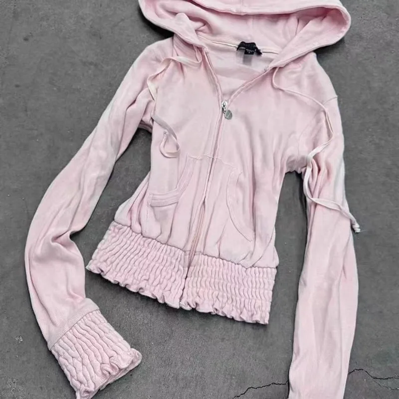 Vintage Sweatshirt 2-Piece Set Y2k Goth Harajuku Korea Coat+Pants Slim High Street Winter Basics Fashion Pink Sportswear Set