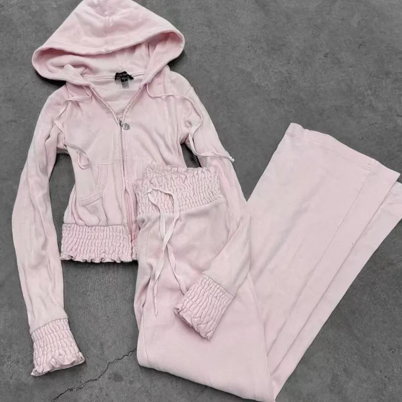 Vintage Sweatshirt 2-Piece Set Y2k Goth Harajuku Korea Coat+Pants Slim High Street Winter Basics Fashion Pink Sportswear Set