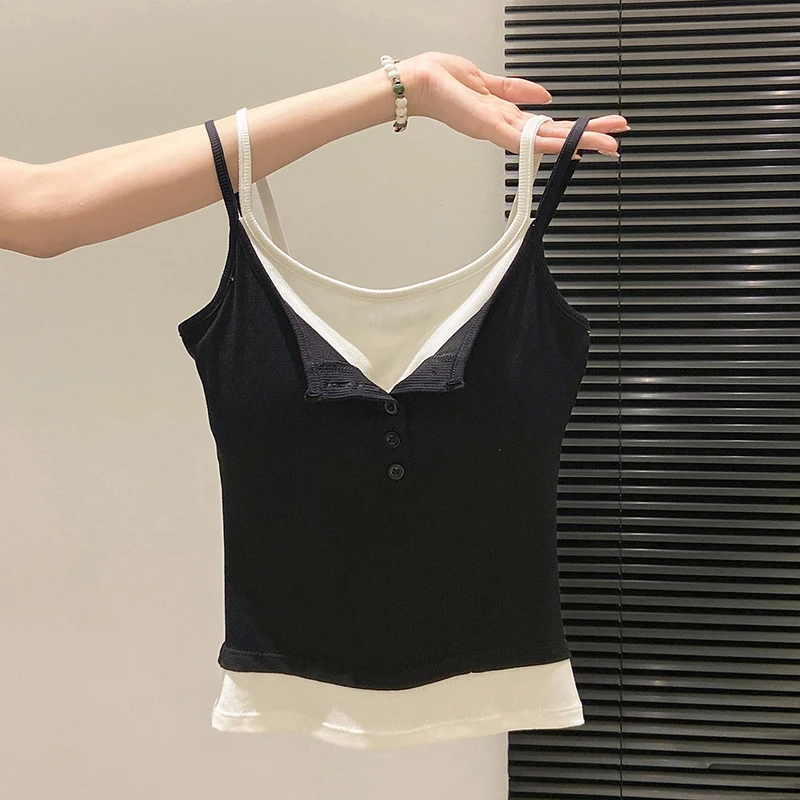 Fashion Fake Two Piece Camisole for Woman Spring Autumn Short Slim Fit Chest Pad Tank Women Korean Street Spicy Girl Clothes