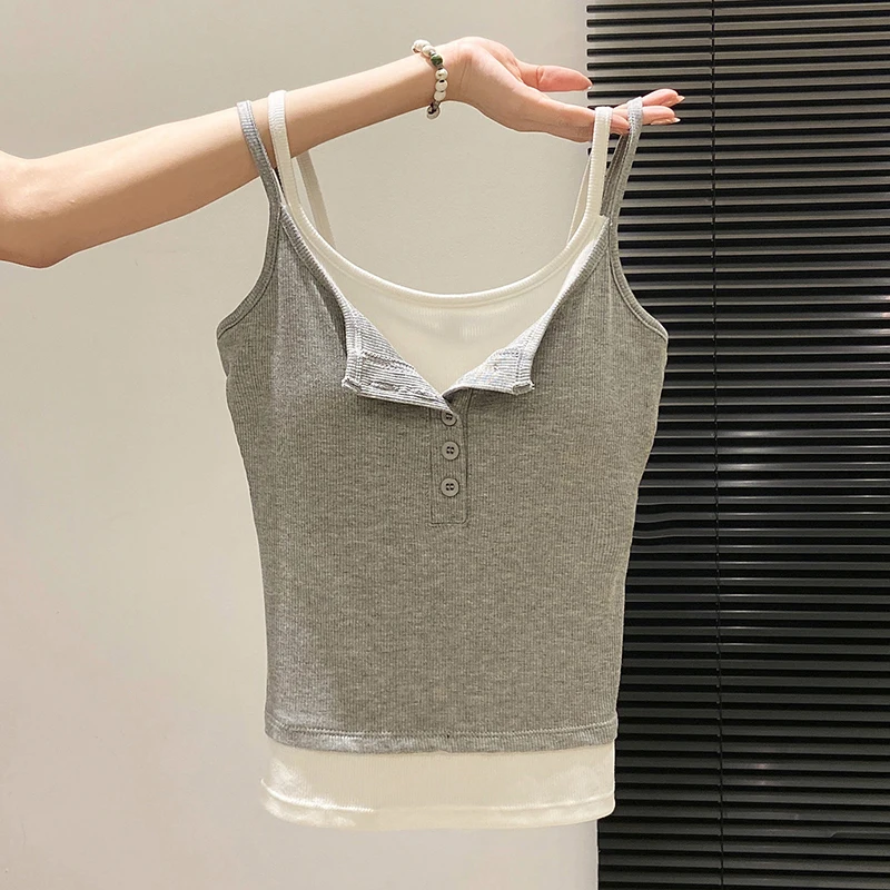 Fashion Fake Two Piece Camisole for Woman Spring Autumn Short Slim Fit Chest Pad Tank Women Korean Street Spicy Girl Clothes
