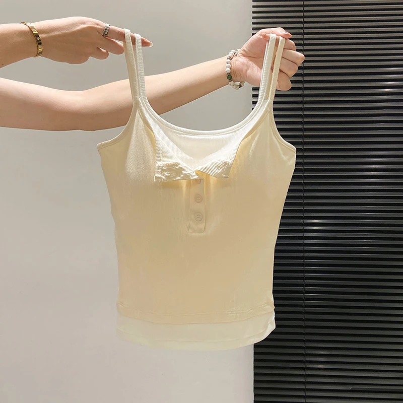 Fashion Fake Two Piece Camisole for Woman Spring Autumn Short Slim Fit Chest Pad Tank Women Korean Street Spicy Girl Clothes