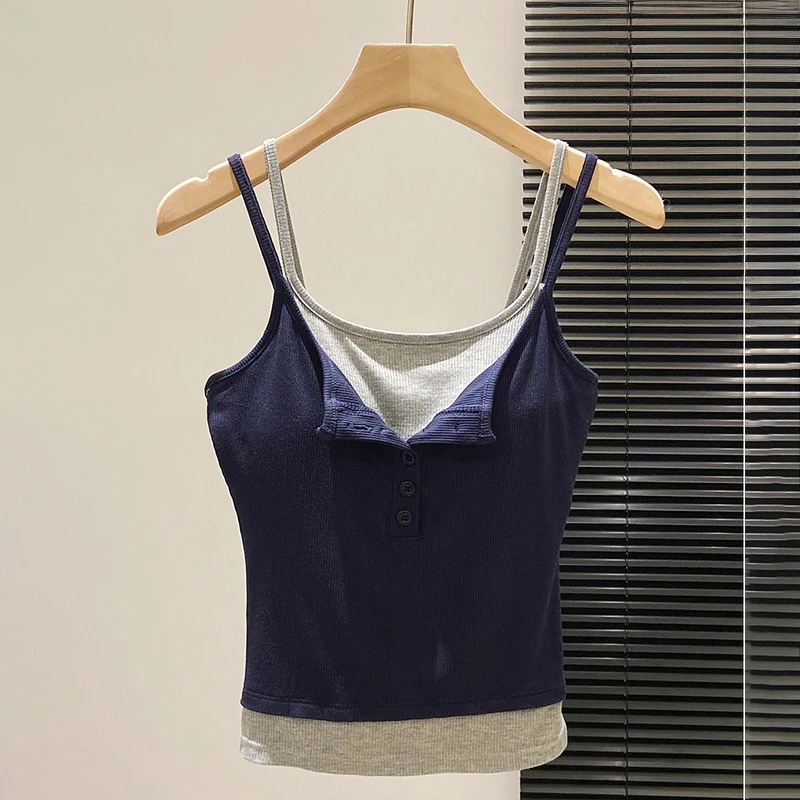 Fashion Fake Two Piece Camisole for Woman Spring Autumn Short Slim Fit Chest Pad Tank Women Korean Street Spicy Girl Clothes