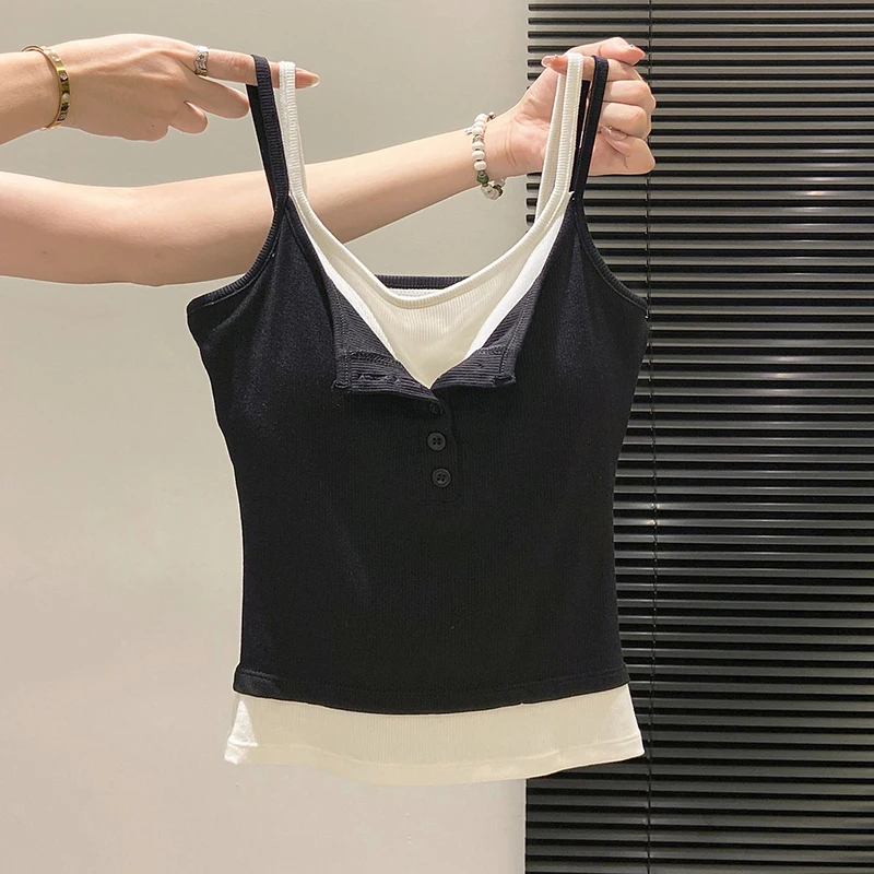 Fashion Fake Two Piece Camisole for Woman Spring Autumn Short Slim Fit Chest Pad Tank Women Korean Street Spicy Girl Clothes