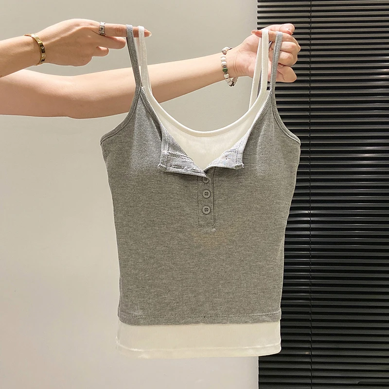 Fashion Fake Two Piece Camisole for Woman Spring Autumn Short Slim Fit Chest Pad Tank Women Korean Street Spicy Girl Clothes