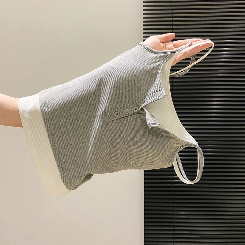 Fashion Fake Two Piece Camisole for Woman Spring Autumn Short Slim Fit Chest Pad Tank Women Korean Street Spicy Girl Clothes