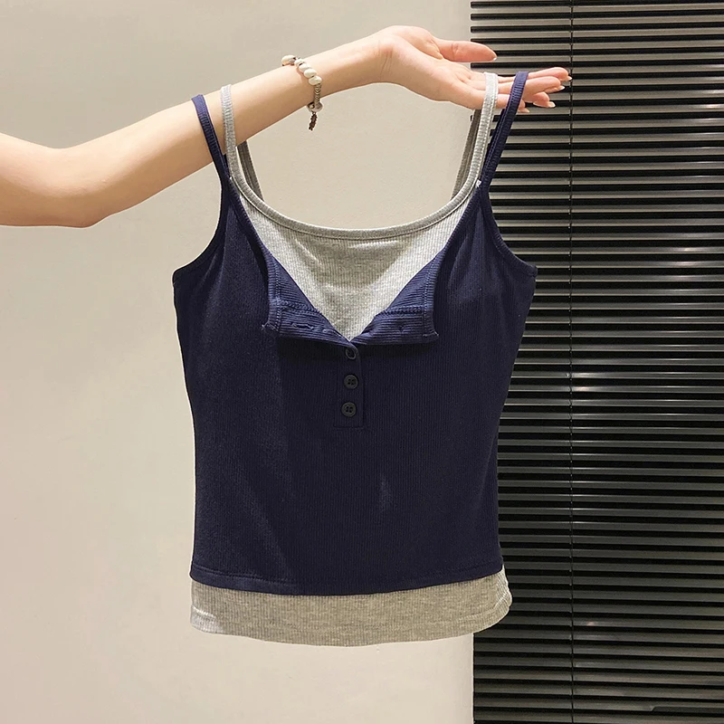 Fashion Fake Two Piece Camisole for Woman Spring Autumn Short Slim Fit Chest Pad Tank Women Korean Street Spicy Girl Clothes