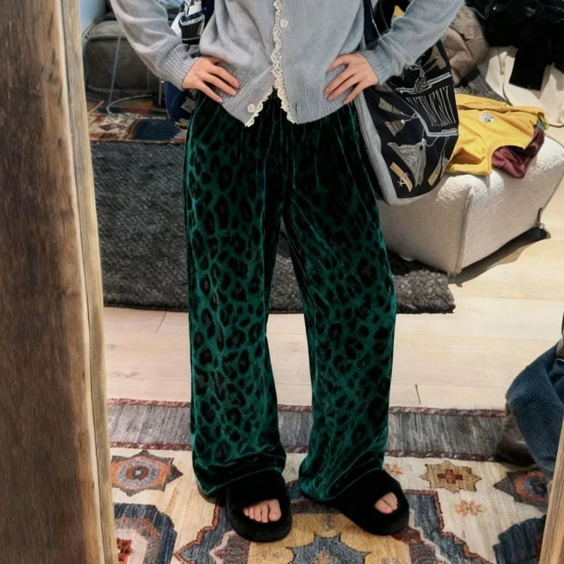 Korean Fashion Soft Leopard Print Pants Women Spring New Casual Ankle-Length Female Pant High Waist Loose Straight Trousers