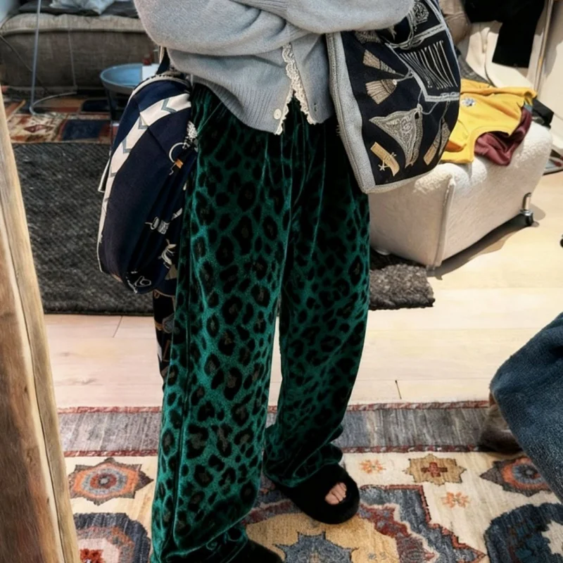 Korean Fashion Soft Leopard Print Pants Women Spring New Casual Ankle-Length Female Pant High Waist Loose Straight Trousers