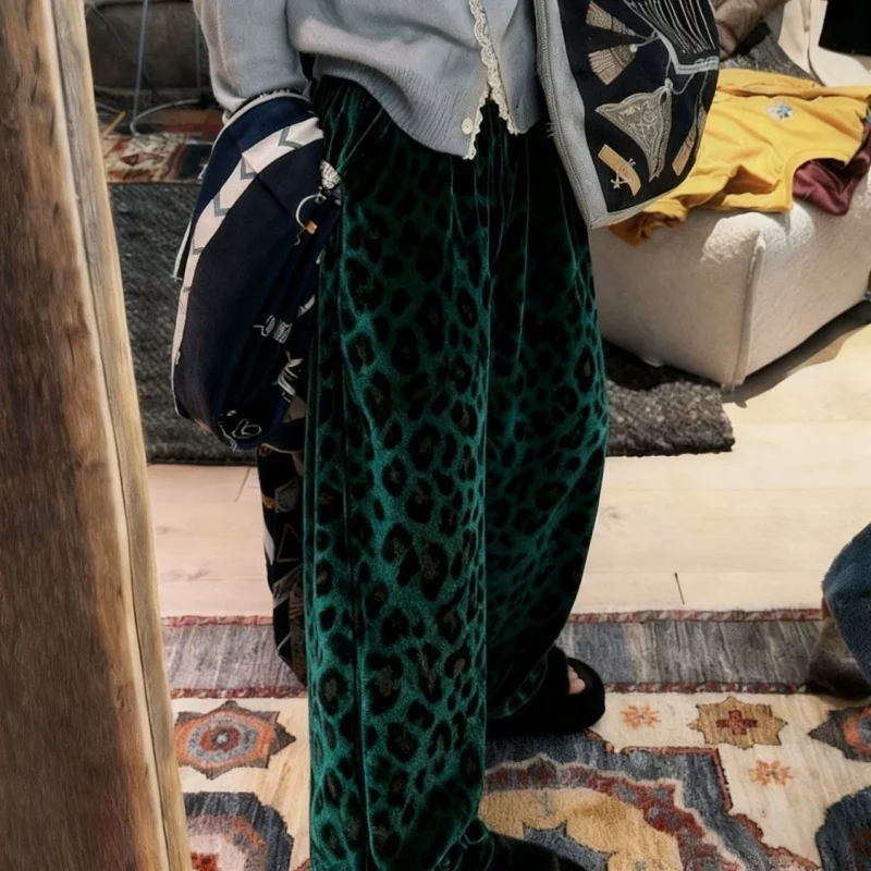 Korean Fashion Soft Leopard Print Pants Women Spring New Casual Ankle-Length Female Pant High Waist Loose Straight Trousers