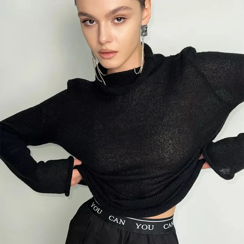 New See Through Cuffed Collar Long Sleeve T-Shirt Woman Soft Comfortable Warm Bottoming Shirts Autumn Casual Thin Knitwear Mujer