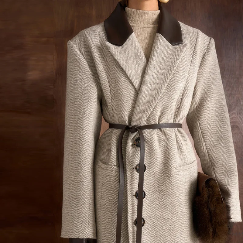 Fashion Waist Cinching Woolen Long Coat For Women Lapel Long Sleeve Single-breasted Coat With Belt New Lady Commuter Outwears