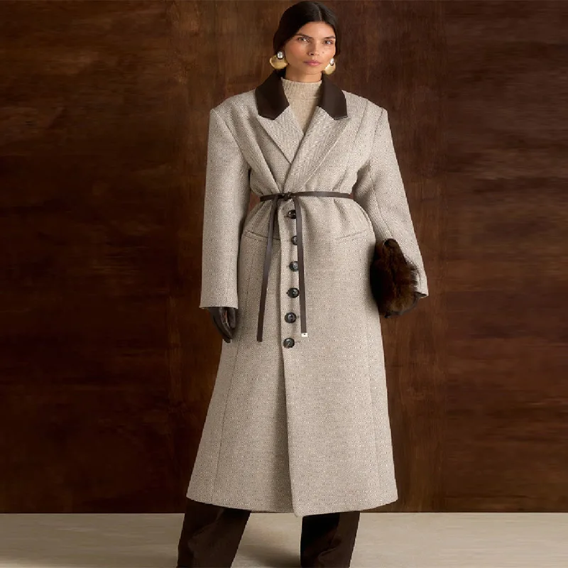 Fashion Waist Cinching Woolen Long Coat For Women Lapel Long Sleeve Single-breasted Coat With Belt New Lady Commuter Outwears