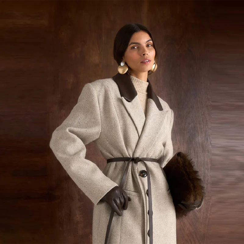 Fashion Waist Cinching Woolen Long Coat For Women Lapel Long Sleeve Single-breasted Coat With Belt New Lady Commuter Outwears