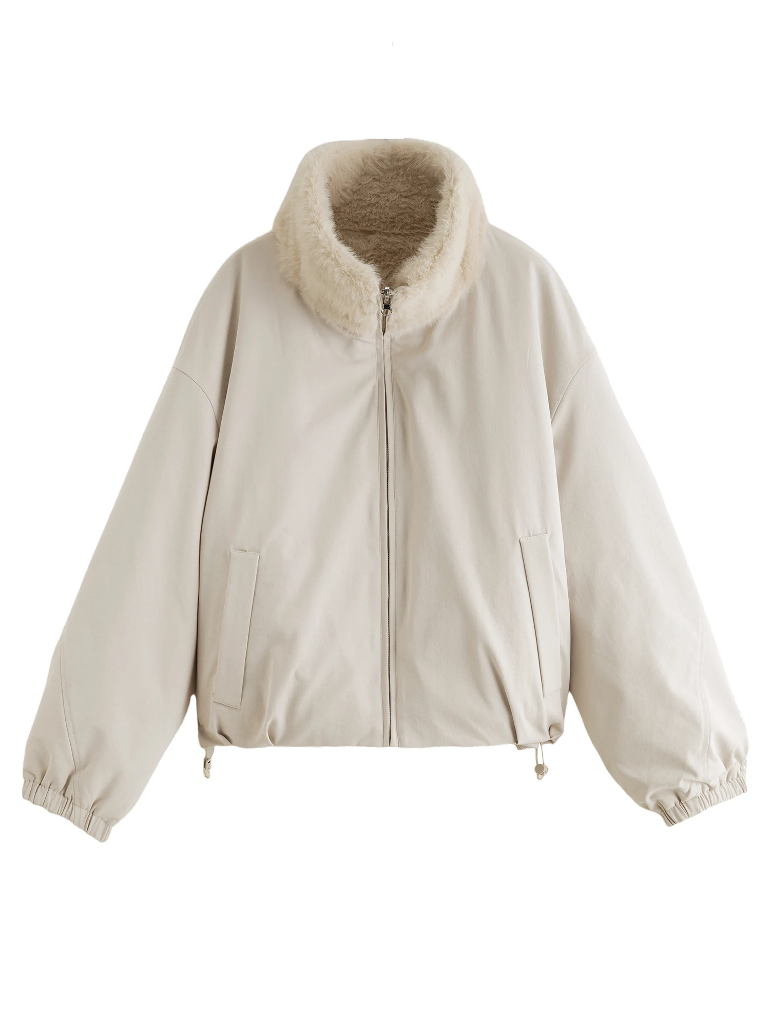 ZIQIAO LightWarm Women's Reversible Vintage Workwear Faux Fur Collar Drop Shoulder Sleeves Short Coat 2025 Winter New Arrival