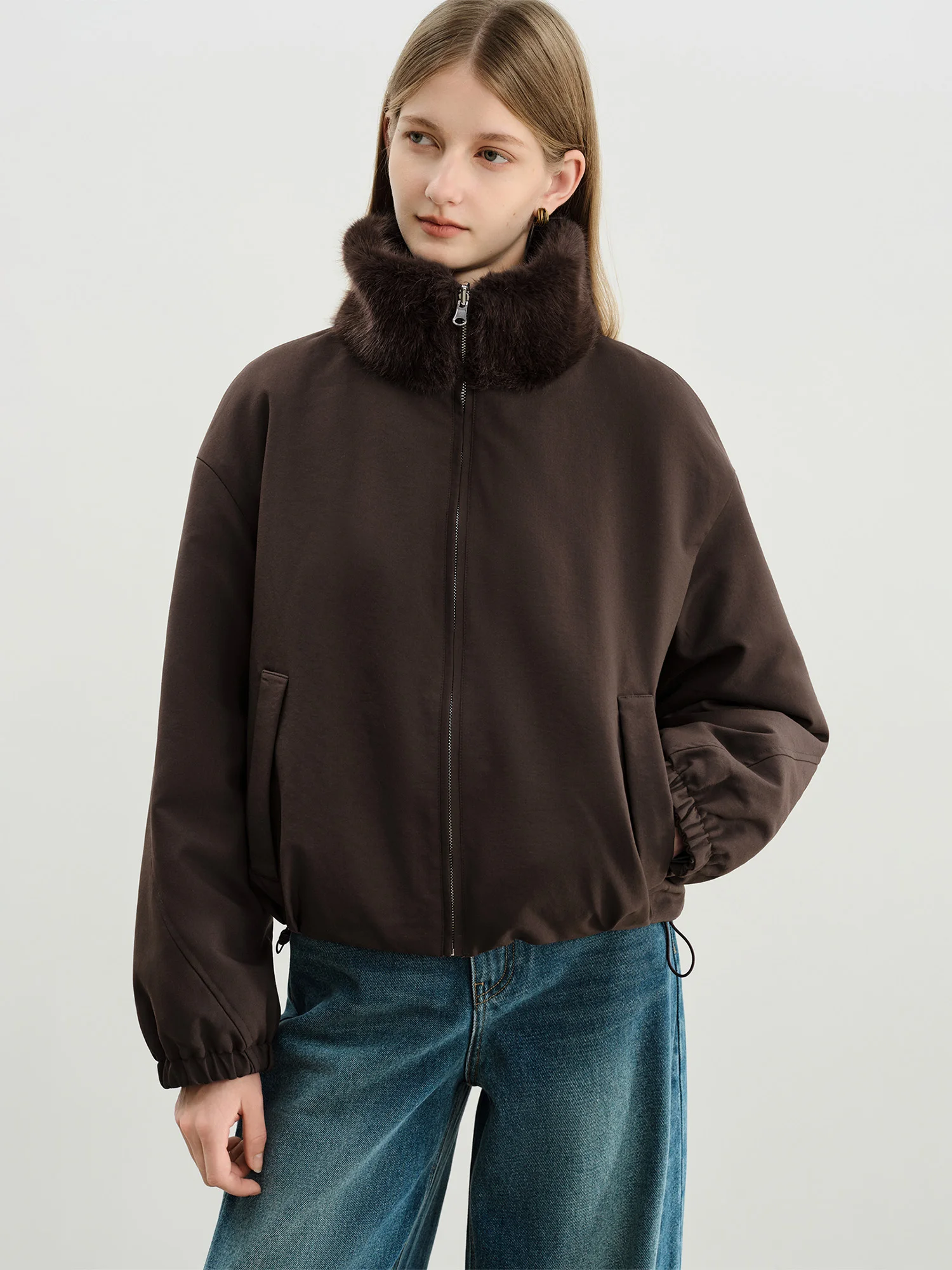 ZIQIAO LightWarm Women's Reversible Vintage Workwear Faux Fur Collar Drop Shoulder Sleeves Short Coat 2025 Winter New Arrival