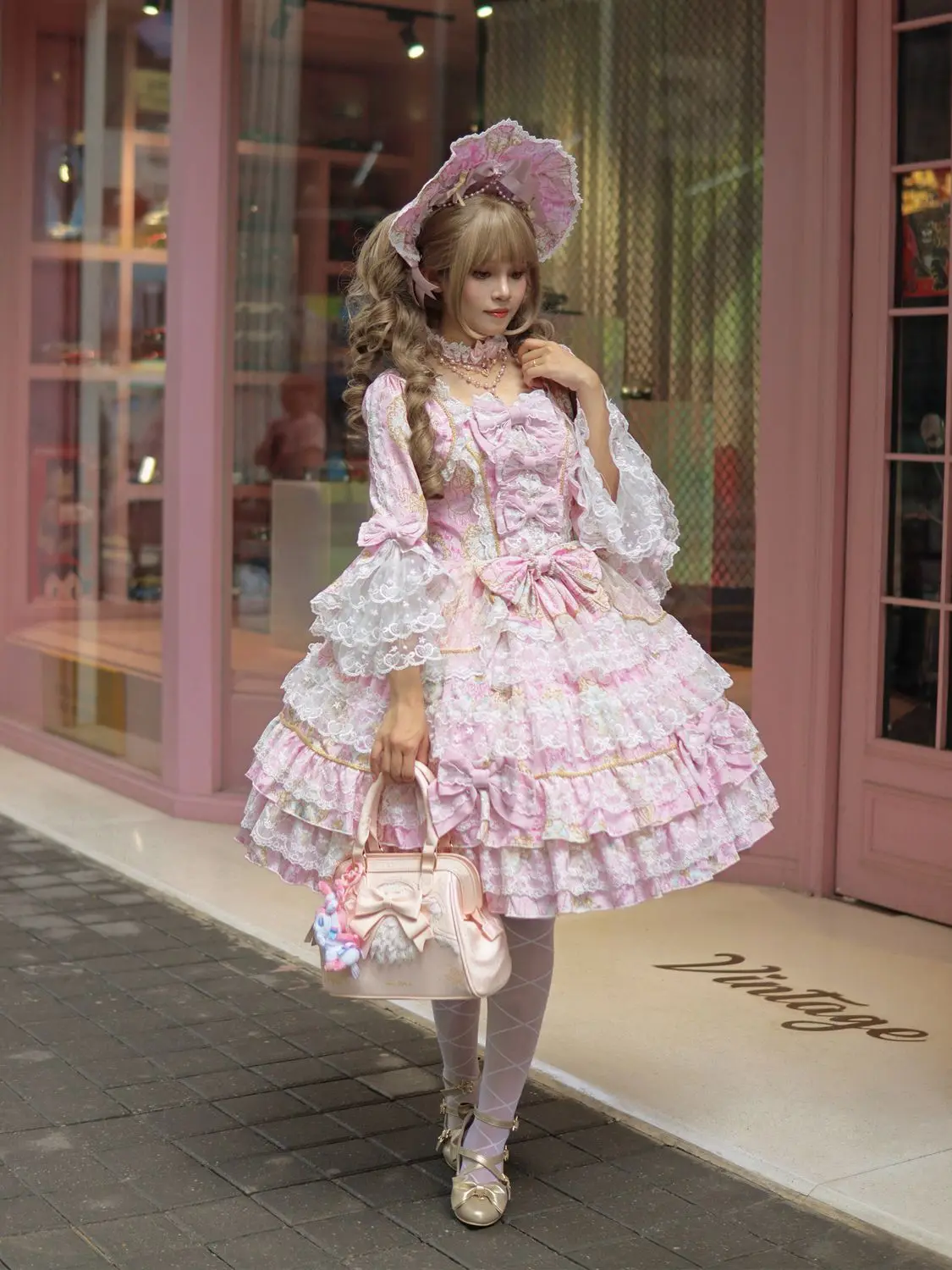 Women Dress Pink Long Sleeve OP Dress for Women Autumn New Original Design Lolita Sweet Lace Bell Sleeve Tiered Dress