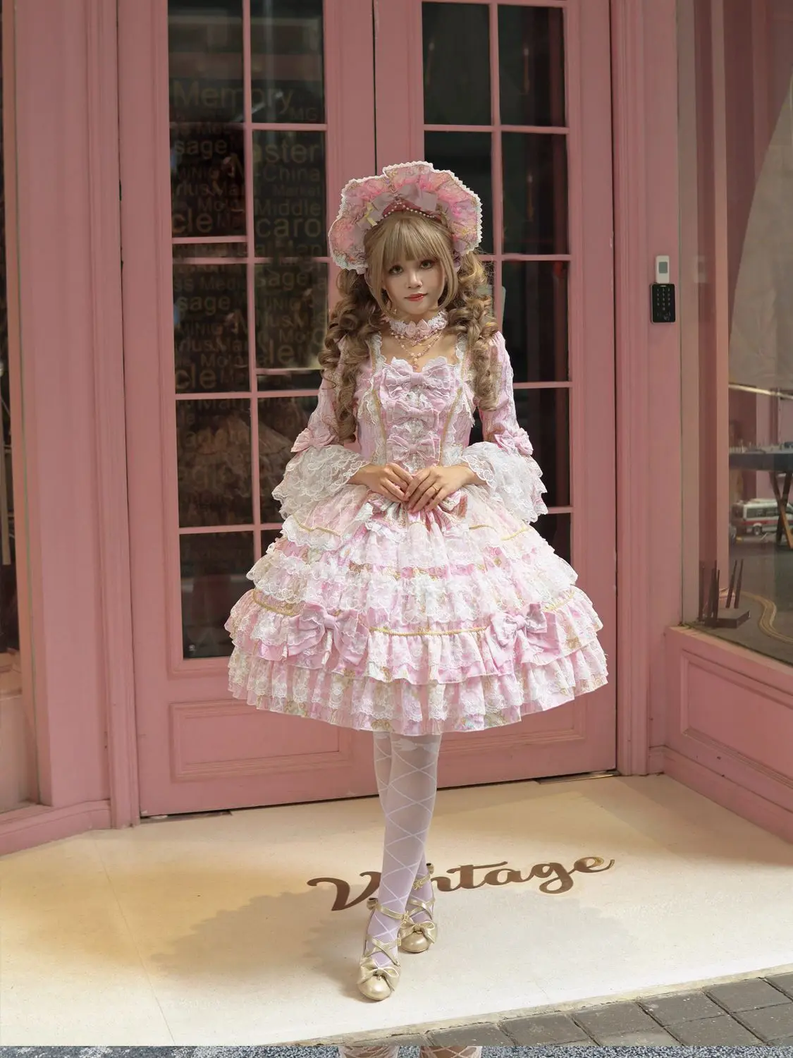 Women Dress Pink Long Sleeve OP Dress for Women Autumn New Original Design Lolita Sweet Lace Bell Sleeve Tiered Dress