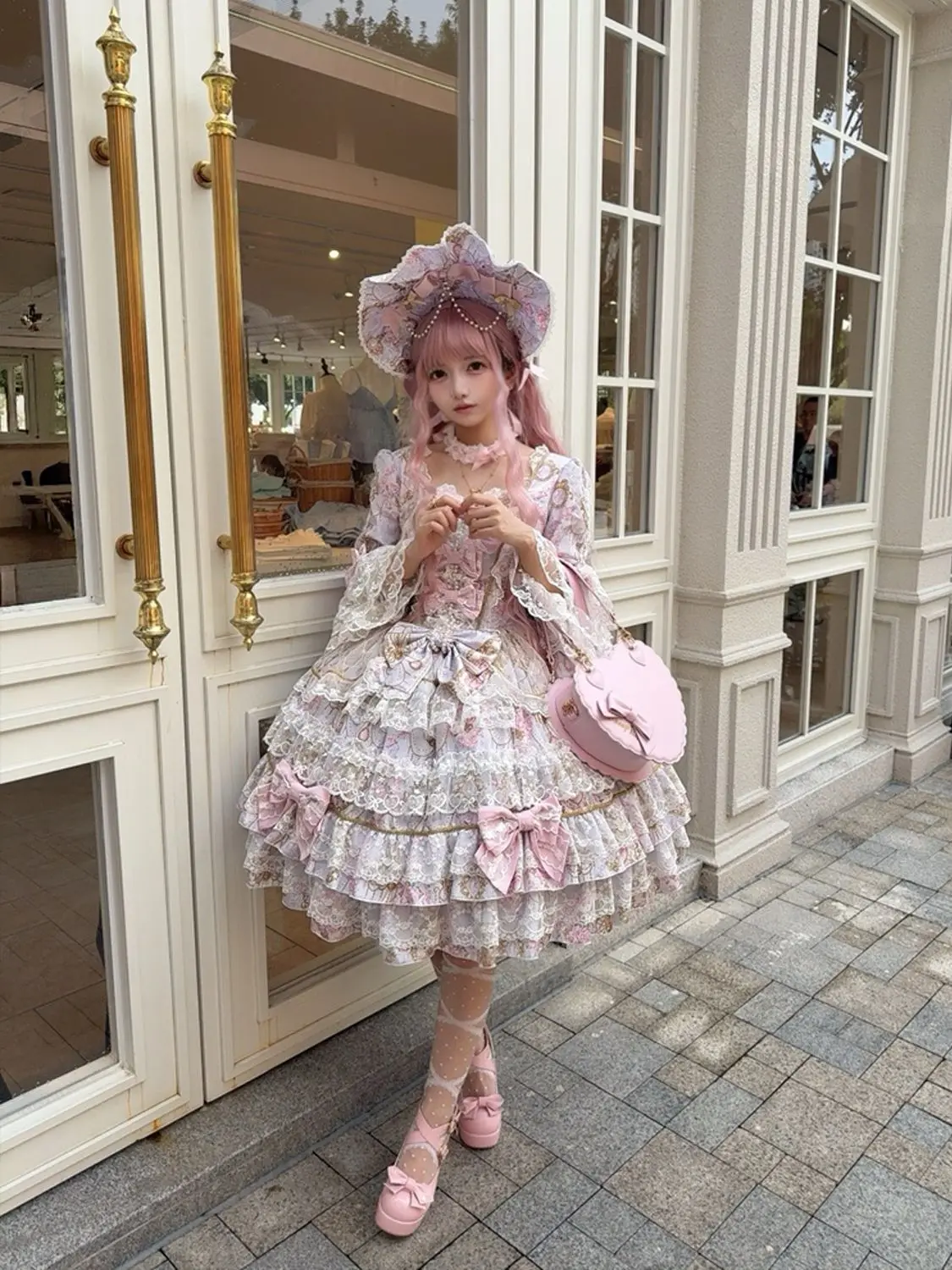 Women Dress Pink Long Sleeve OP Dress for Women Autumn New Original Design Lolita Sweet Lace Bell Sleeve Tiered Dress