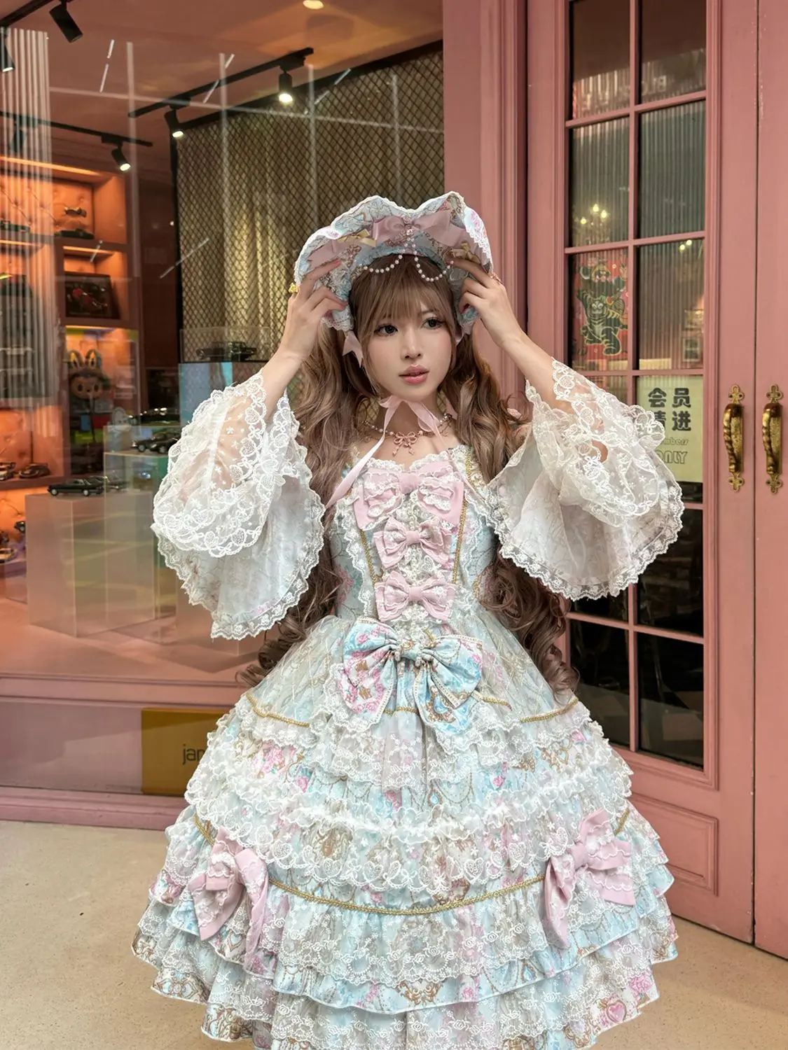 Women Dress Pink Long Sleeve OP Dress for Women Autumn New Original Design Lolita Sweet Lace Bell Sleeve Tiered Dress