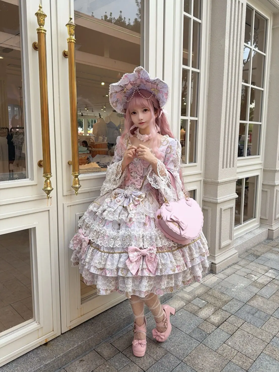 Women Dress Pink Long Sleeve OP Dress for Women Autumn New Original Design Lolita Sweet Lace Bell Sleeve Tiered Dress