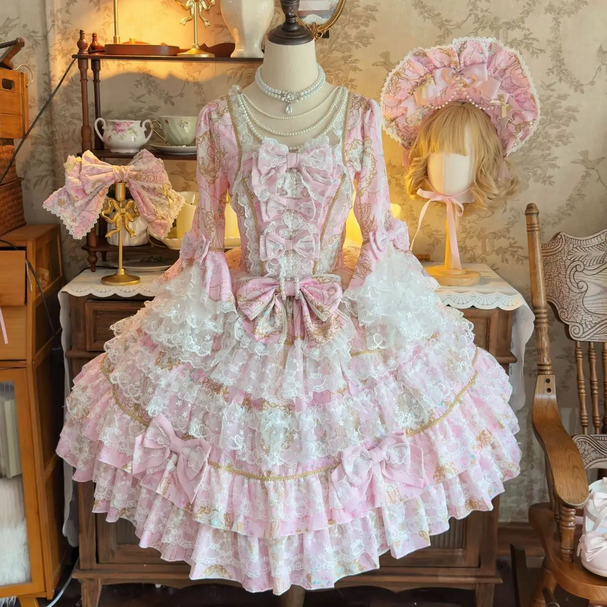 Women Dress Pink Long Sleeve OP Dress for Women Autumn New Original Design Lolita Sweet Lace Bell Sleeve Tiered Dress
