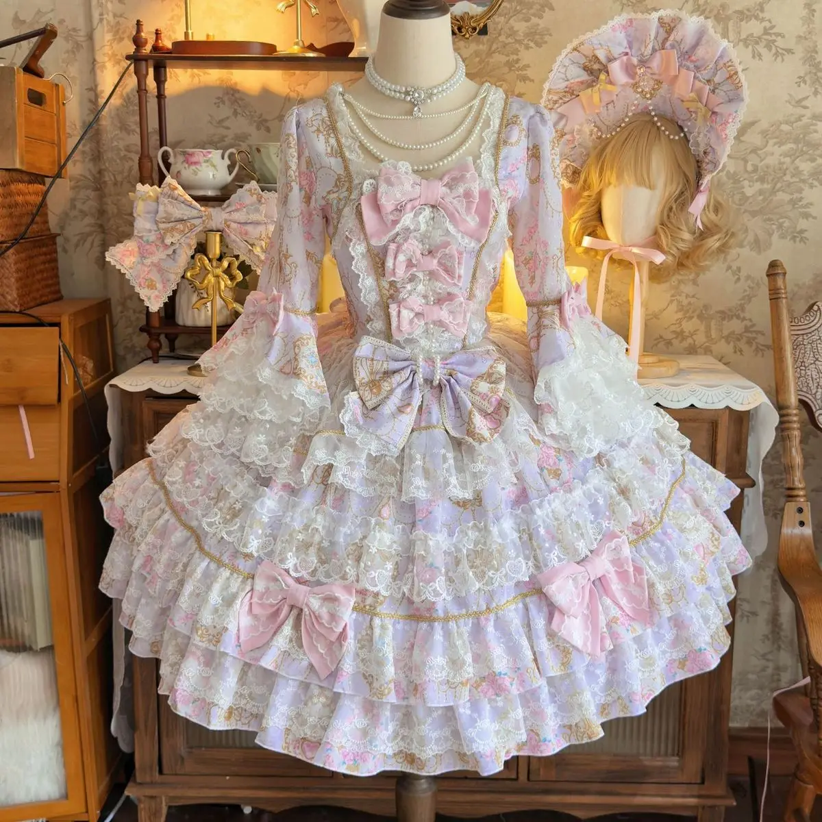 Women Dress Pink Long Sleeve OP Dress for Women Autumn New Original Design Lolita Sweet Lace Bell Sleeve Tiered Dress