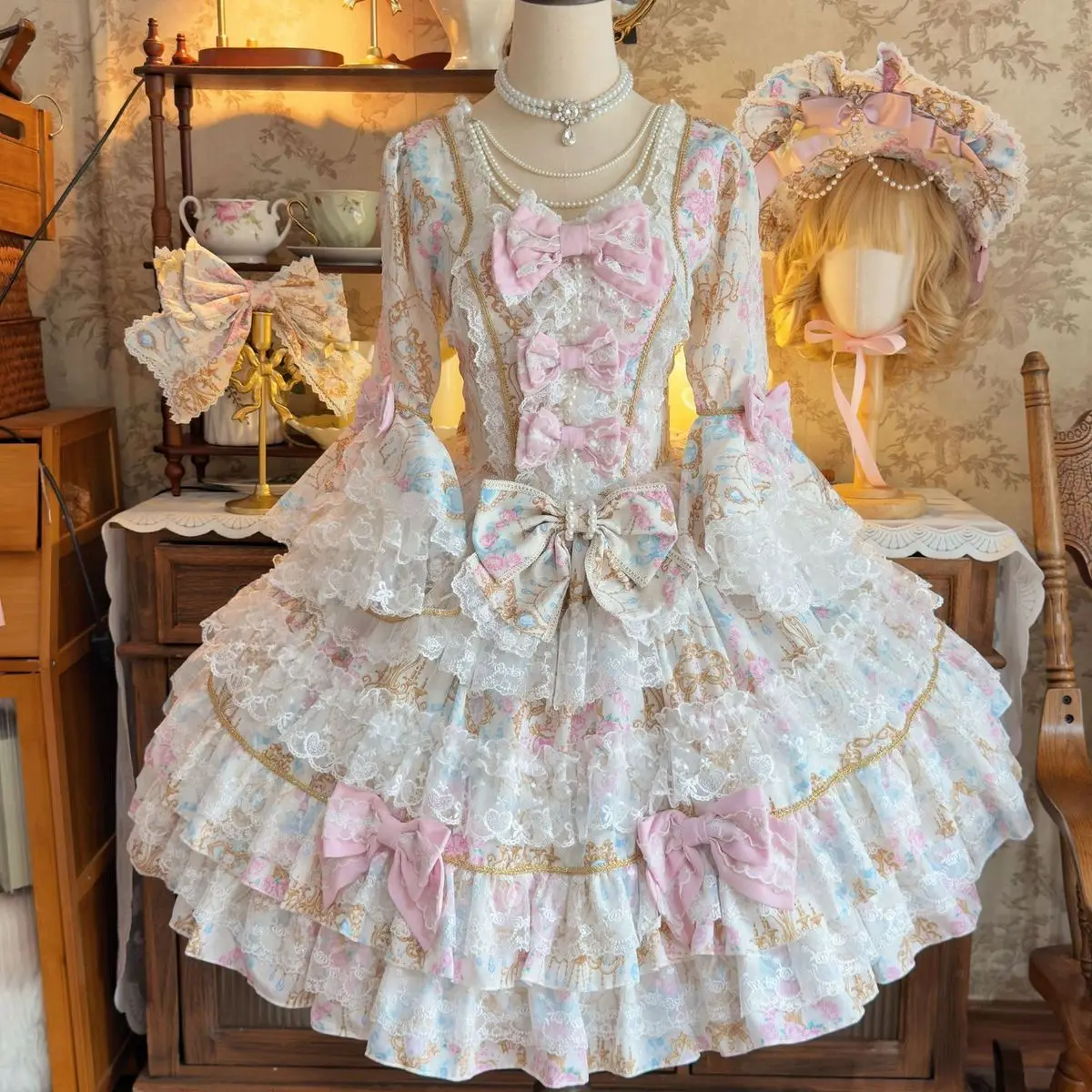 Women Dress Pink Long Sleeve OP Dress for Women Autumn New Original Design Lolita Sweet Lace Bell Sleeve Tiered Dress