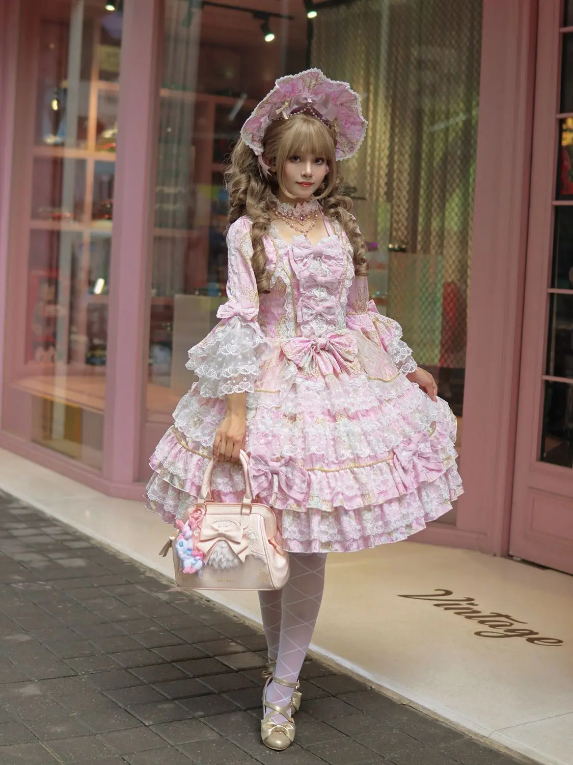 Women Dress Pink Long Sleeve OP Dress for Women Autumn New Original Design Lolita Sweet Lace Bell Sleeve Tiered Dress