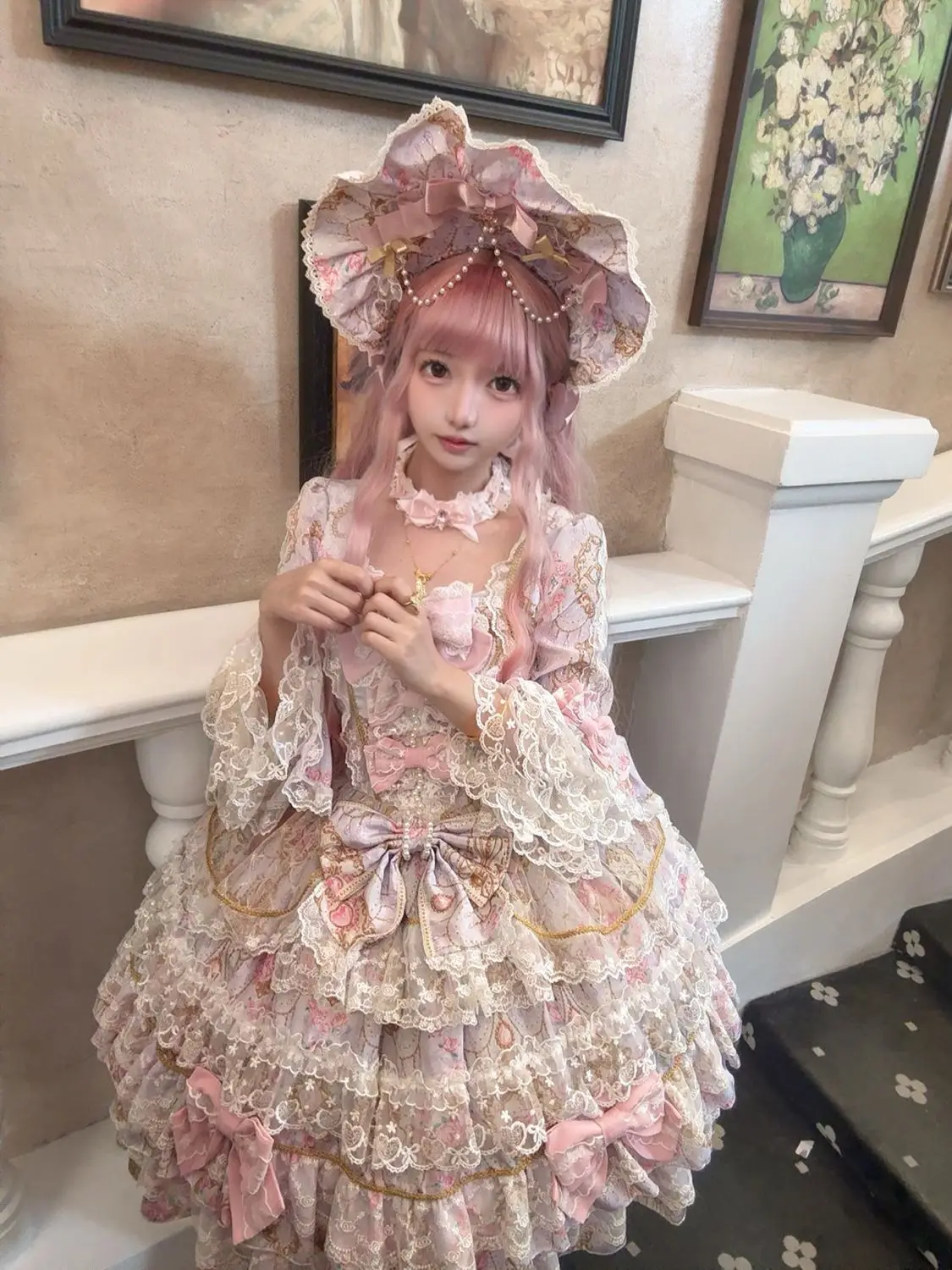 Women Dress Pink Long Sleeve OP Dress for Women Autumn New Original Design Lolita Sweet Lace Bell Sleeve Tiered Dress