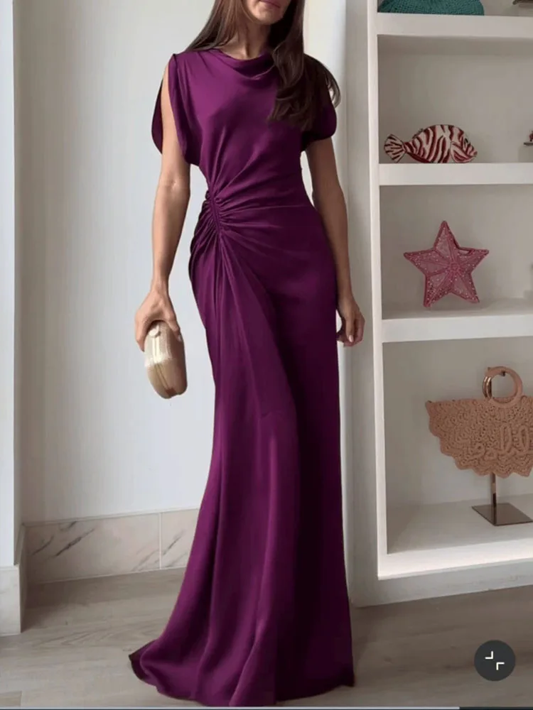 New elegant banquet dress purple waist cinched pleated skirt with temperament solid color floor length skirt