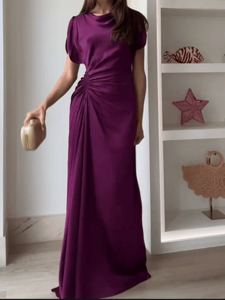 New elegant banquet dress purple waist cinched pleated skirt with temperament solid color floor length skirt