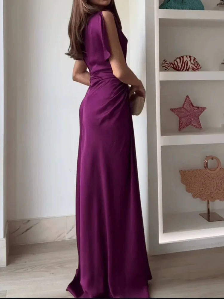 New elegant banquet dress purple waist cinched pleated skirt with temperament solid color floor length skirt