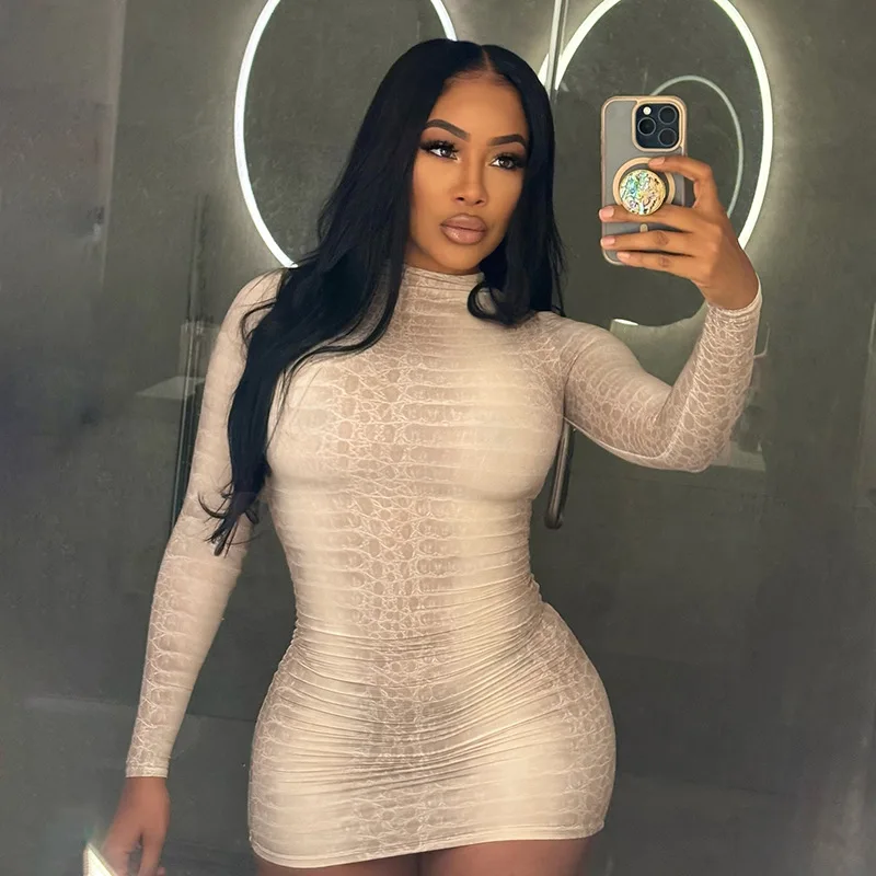 STYLISH LADY Snake Printed Dress 2025 Autumn Women Long Sleeve O Neck Bodycon Sexy Club Party Mini Vestidos De Festa