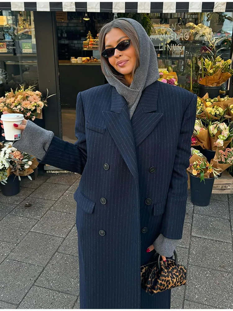 Vintage Striped Lapel Long Blazer Jackets Women Chic Shoulder Pad Button Pocket Loose Overcoat Autumn Commuting Street Wear 2025