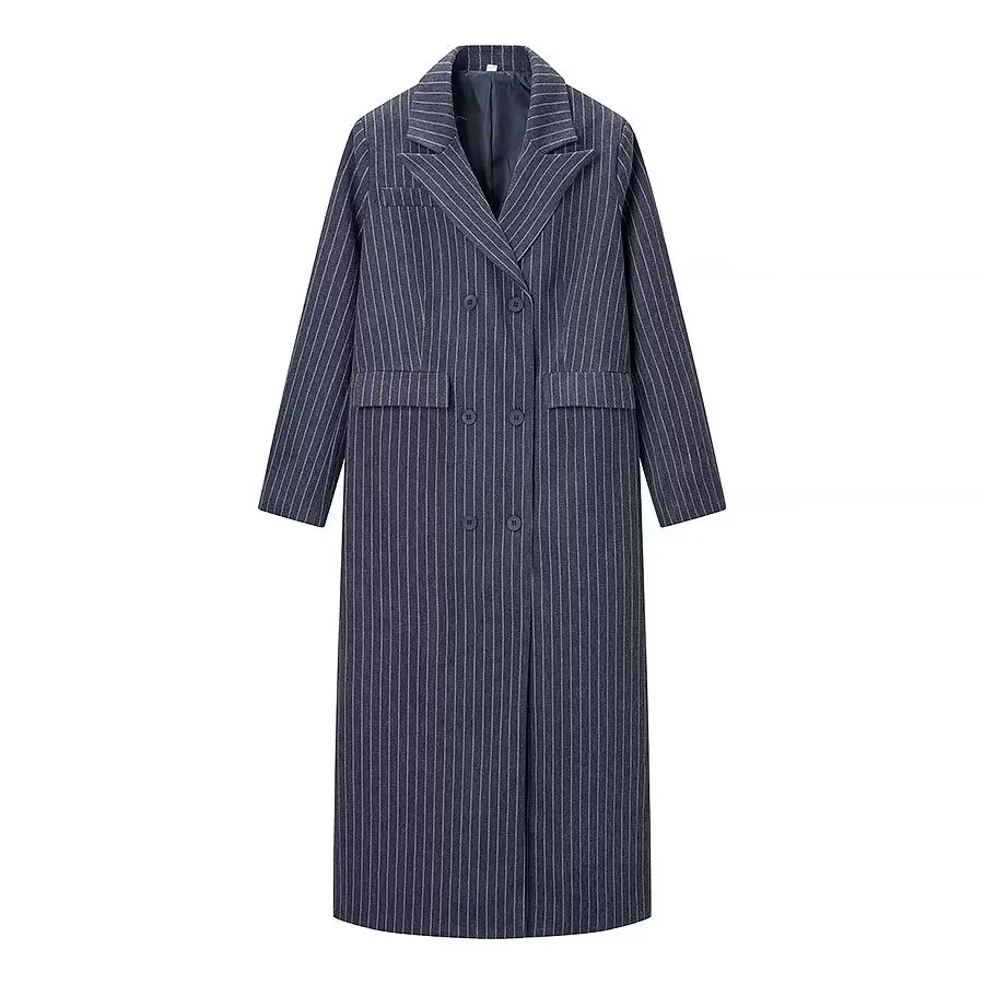 Vintage Striped Lapel Long Blazer Jackets Women Chic Shoulder Pad Button Pocket Loose Overcoat Autumn Commuting Street Wear 2025