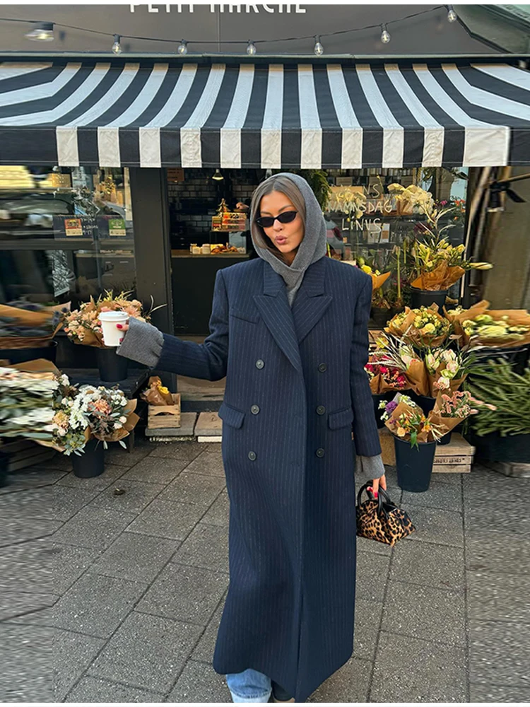 Vintage Striped Lapel Long Blazer Jackets Women Chic Shoulder Pad Button Pocket Loose Overcoat Autumn Commuting Street Wear 2025