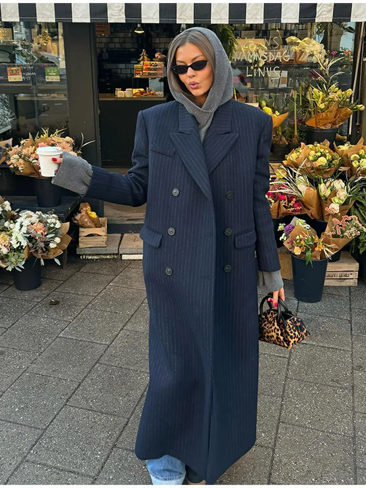 Vintage Striped Lapel Long Blazer Jackets Women Chic Shoulder Pad Button Pocket Loose Overcoat Autumn Commuting Street Wear 2025