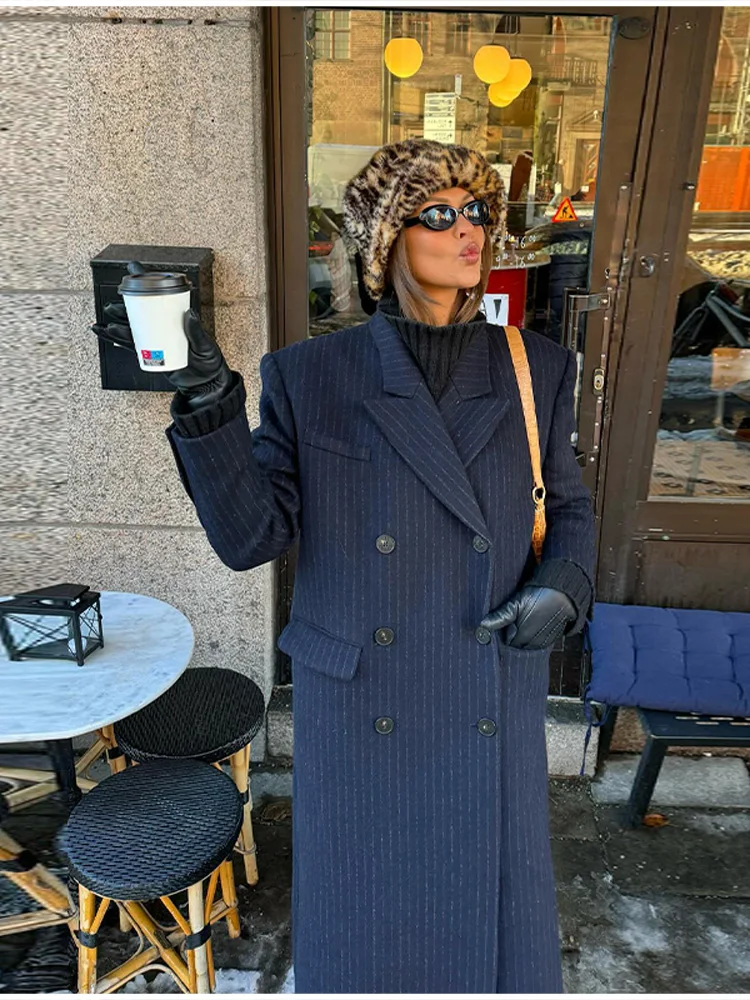 Vintage Striped Lapel Long Blazer Jackets Women Chic Shoulder Pad Button Pocket Loose Overcoat Autumn Commuting Street Wear 2025