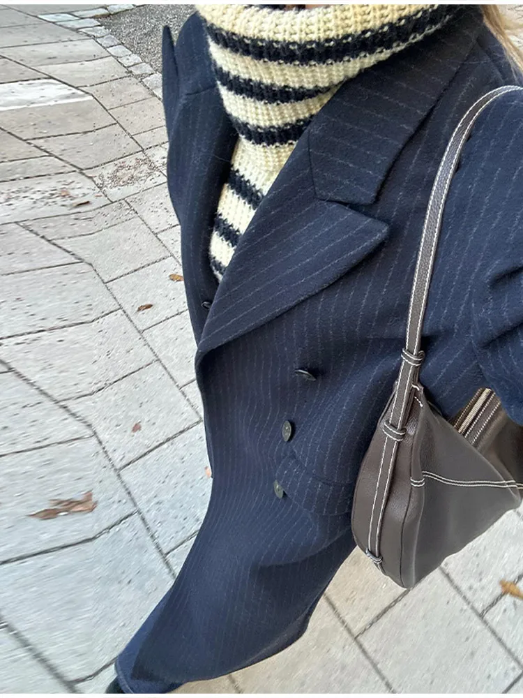 Vintage Striped Lapel Long Blazer Jackets Women Chic Shoulder Pad Button Pocket Loose Overcoat Autumn Commuting Street Wear 2025