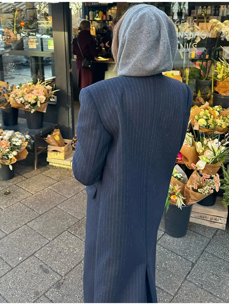 Vintage Striped Lapel Long Blazer Jackets Women Chic Shoulder Pad Button Pocket Loose Overcoat Autumn Commuting Street Wear 2025