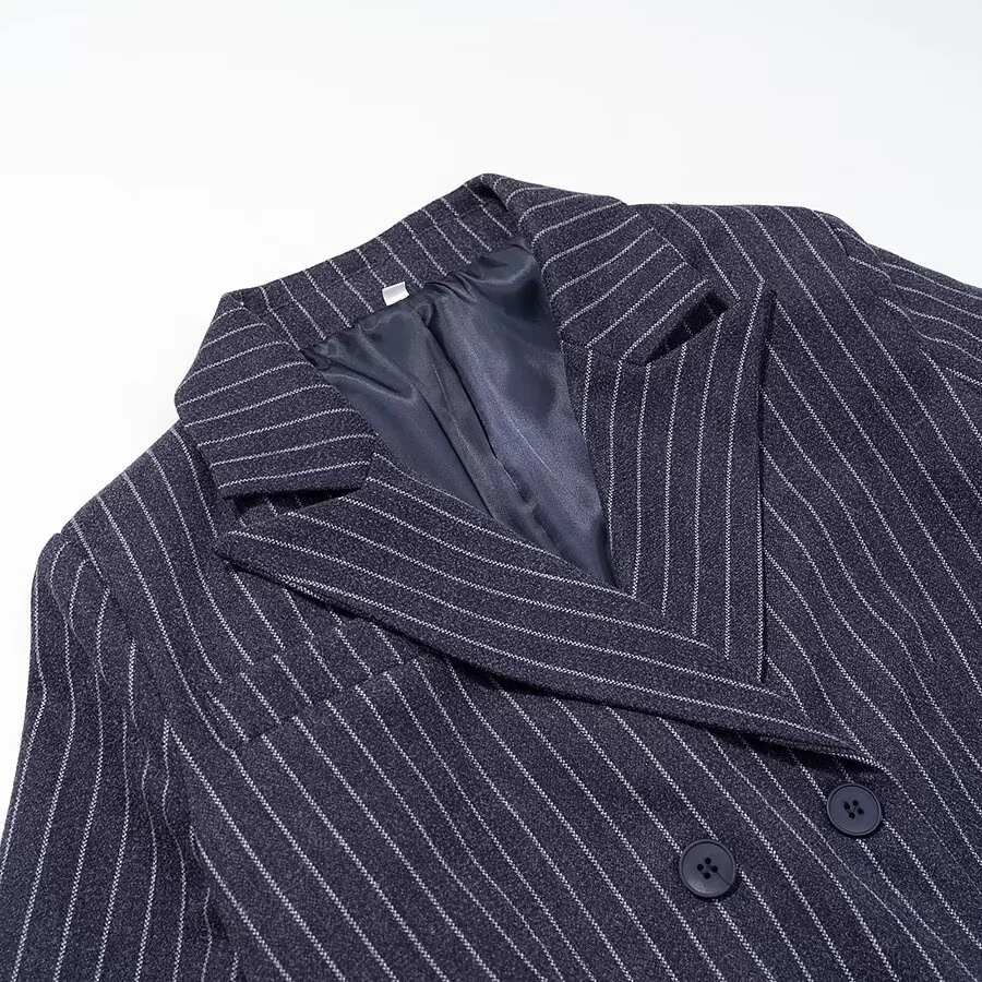 Vintage Striped Lapel Long Blazer Jackets Women Chic Shoulder Pad Button Pocket Loose Overcoat Autumn Commuting Street Wear 2025