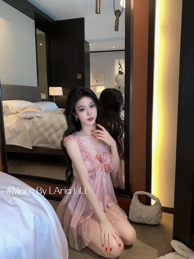 French Style Fairy Cute Pink Nightdress Pure Desire Casaul Style Lace Strap Princess Style Sweet Summer Mesh Dress Elegant M8T1