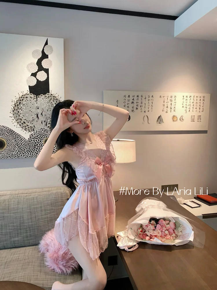 French Style Fairy Cute Pink Nightdress Pure Desire Casaul Style Lace Strap Princess Style Sweet Summer Mesh Dress Elegant M8T1